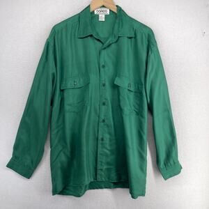 COACO Shirt Mens L 100% Silk 90s Utility Button Up Long Sleeve Green VTG